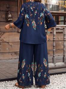 EMERY ROSE Plus Size Women's Casual Bohemian Style Feather Print Roll Tab Sleeve Loose Top And Wide Leg Pants 2 Piece Set, Spring/Summer/Autumn/Vacation - Navy Blue - View 2