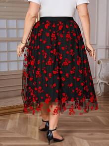 Reflora Plus Size Multicolor Flocking Flared Midi Skirt With Random Print Ruffle Hem - Multicolor - View 2