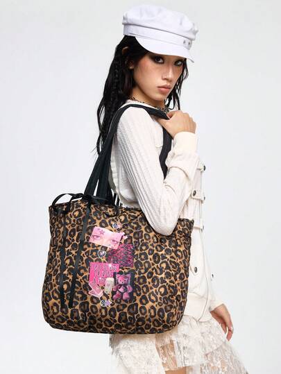 Goth Fashion Leopard Print Y2K Eyes Diamond Electronic Toy Rivet Rabbit Doll Cross Pattern Storage Bag Large Capacity Shoulder Bag 1659047
