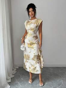 Elenzga Vestido de mujer elegante con volantes en la cintura y el bajo, estampado floral aleatorio, para verano - Albaricoque - Ver 7