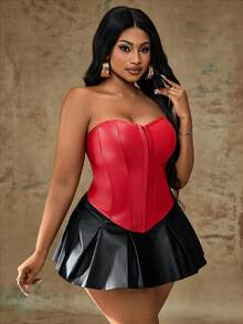 Truni Plus Size Solid Center Front Button Decoration PU Leather Black Tube Top, For Pear & Triangle Body Shape - Red - View 5