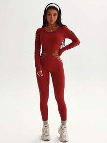 Slayform 纯色露背镂空紧身长袖连体裤