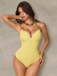 Shapewave 1pc Women's Slimming Backless U-Shaped Criss-Cross Strap One-Piece Swimsuit, Fashionable Casual Vacation Wear - Yellow - View 3