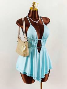 Amplova Đầm ngắn gợi cảm cổ yếm hở lưng khoét eo dành cho nữ, thích hợp cho kỳ nghỉ xuân, phần ngực xếp ly ôm sát vòng một, trang phục đi nghỉ mát, trang phục dự tiệc cho nữ. - Màu xanh nhạt - Xem 7