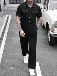 Manfinity CasualCool Men's Flap Pocket Drawstring Waist Shirt Jumpsuit Overall Men Men S Overall Men S Overalls Overalls For Men Men S Jumpsuit ... Mens Overall Men Black Outfit Men Black Two Piece Set Men Shirt Co Ords Mens Jumpsuit Baggy F1 - Black - View 8