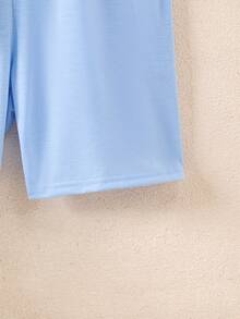 Vacaura 2件套男童休闲撞色圆领T恤套装，舒适时尚，适合日常、上学、运动穿着 - 淺藍色 - 查看 7