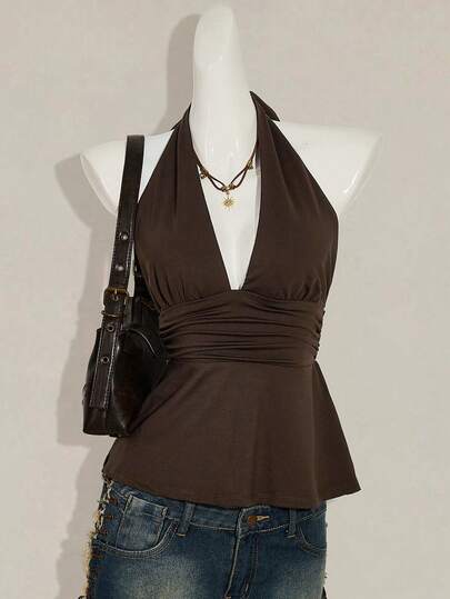 SHEIN ICON Y2K 女士外出波西米亚风棕色露背吊带娃娃衫，春夏款