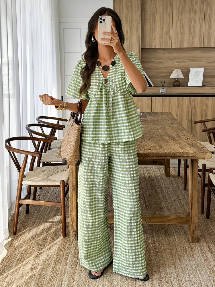 Selianne 2 pièces Ensemble Top avec nœud décoratif col V et pantalon droit pour femmes, convient pour le port quotidien et les vacances - Multicolore - Voir 8