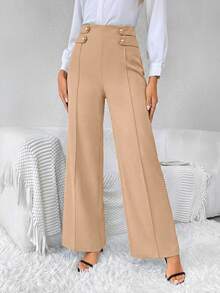 SHEIN Frenchy High Waist Button Detail Wide Leg Baggy Elegant Pants - Khaki - View 6