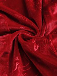 Sweetra 女士复古性感橄榄绿丝绒褶皱印花吊带扭结不对称领口修身A字连衣裙，秋冬款 - 紅色 - 查看 8