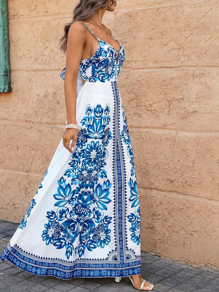 Travachic Vestido Floral Feminino, Vestido de Férias Fashion com Alça Fina - Azul e Branco - Visão 8