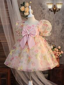 SHEIN Young Girls Summer Elegant Butterfly Pattern Organza Short Sleeve Party Dress - Pink - View 7