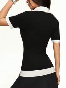 Rina Fox Camiseta casual de mujer de manga corta con media cremallera y contraste de colores, para verano - Blanco y Negro - Ver 3