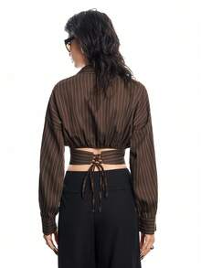 Airlisse Women's Spring/Summer New Ruched Pleated Brown Striped Elegant Fashionable Urban Chic Long Sleeve Blouse - Brown - View 2