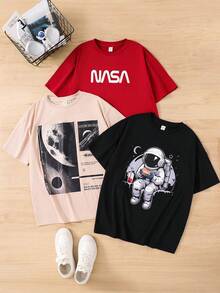 SHEIN 3件套休闲简约卡通宇航员印花宽松短袖圆领T恤，卡其色、黑色、红色，适合夏季穿着 - 青少年男童 - 彩色 - 查看 4