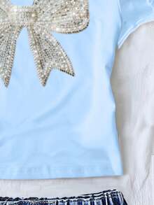 Áo thun ngắn tay cổ tròn ôm sát người dành cho bé gái, họa tiết bướm và đính đá, kiểu dáng thường ngày thanh lịch, phù hợp cho mùa hè, phong cách preppy Mỹ, màu xanh dương. - Màu xanh lam - Xem 6