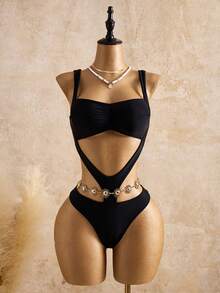 Bellisia 26SS 黑色性感露背吊带连体泳衣，适合海滩和度假，春夏款 - 黑色 - 查看 1