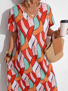 Breezaya Đầm ngắn tay cổ tròn in hoa dành cho nữ cỡ lớn, thanh lịch và phù hợp để mặc hàng ngày. - Nhiều màu - Xem 6