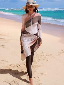 Swim Shayni 三件套：彩色条纹印花圆领长袖拉链上衣、纯色长裤、网纱迷你裙，年轻时尚女士比基尼泳装套装 - 彩色 - 查看 4