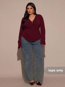 SHEIN BAE Atasan Lengan Panjang Berkerut Leher V untuk Wanita Ukuran Besar, Musim Gugur/Dingin - Burgundy - View 4