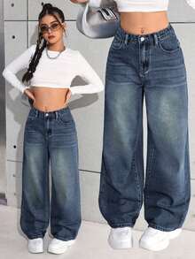 SHEIN 少女Y2K休闲基础款宽松蓝色牛仔裤，适合感恩节、秋冬季穿着。 - 深色水洗藍 - 查看 1