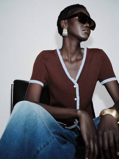 SHEIN Luminelle Button Decor Fitted Contrast Color Knit Crew Neck Short Sleeve Cardigan