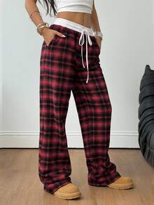 SHEIN PETITE CURVE Quần ống rộng kẻ caro dáng rộng, cạp chun, thích hợp cho mùa thu. - Màu Đỏ Sâu - Xem 6