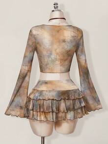 SHEIN ICON Bộ 2 món gồm áo khoác cardigan in họa tiết cổ điển, áo lưới và chân váy xếp tầng dành cho nữ. - Màu be - Xem 8