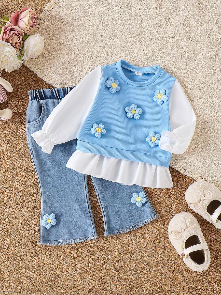 SHEIN Bộ đồ cho bé gái gồm áo tay dài và quần jean kẻ sọc họa tiết hoa dễ thương. - Màu xanh lam - Xem 1