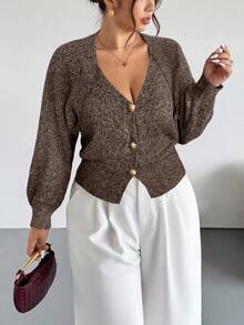 Firerie Plus Size Solid Color Front Button Long Sleeve Casual Knit Cardigan In Fall/Winter - Brown - View 6