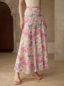 MOTF PREMIUM GUIPURE LACE PRINTED WAIST FLARED HEM SLIM FIT SKIRT - Multicolor - View 3