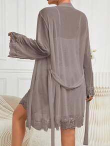 女士舒适吊带睡裙睡袍套装 - 棕色 - 查看 2