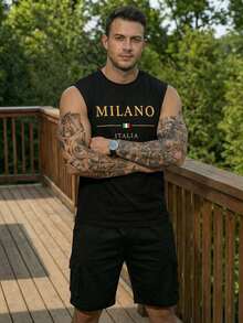 Manfinity Homme Men's Letter & National Flag Print Black Round Neck Tank Top - Black - View 4