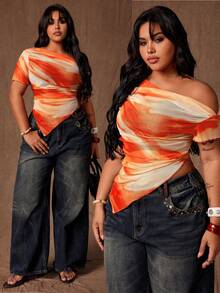 Rustia Kaos Plus Size Warna Oranye Terbakar, Atasan Rajut Semi-Transparan dengan Motif Cetak Seluruh Permukaan, Leher Asimetris, dan Detail Kerut, Cocok untuk Acara Malam, Liburan, dan Klub, Kaos Kasual Chic. - Kuning - View 4