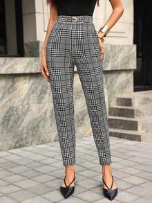Editum 女士新款优雅高腰显瘦格子针织弹力修身口袋裤，适合工作及多种场合穿着 - 黑與白 - 查看 11