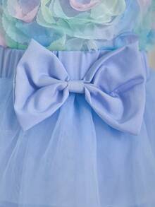 SHEIN 女婴夏季两件套，返校季适用，适合6个月至3岁宝宝，蓝色玫瑰网纱无袖上衣搭配松紧腰蝴蝶结半身裙，柔软可爱，适合春夏休闲穿着，也是一份贴心的礼物。 - 藍色 - 查看 3