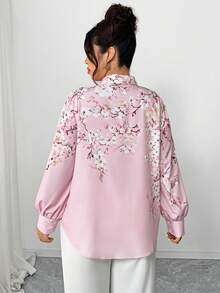 Elenzga 大码女式印花衬衫，优雅3D立体花卉图案，开襟长袖上衣 - 粉色 - 查看 2