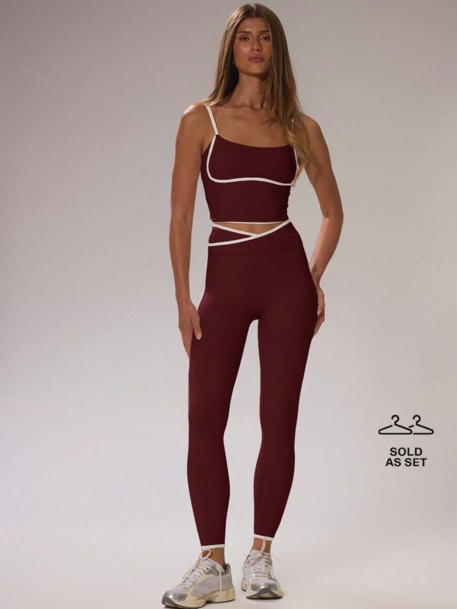 Musera Sport 运动撞色滚边修身露脐上衣和交叉高腰紧身裤套装,收腰弹力,适合板式运动、健身房锻炼、休闲滑雪、野雪瑜伽、普拉提、日常休闲等夏季穿着。 - 酒紅色 - 查看 1