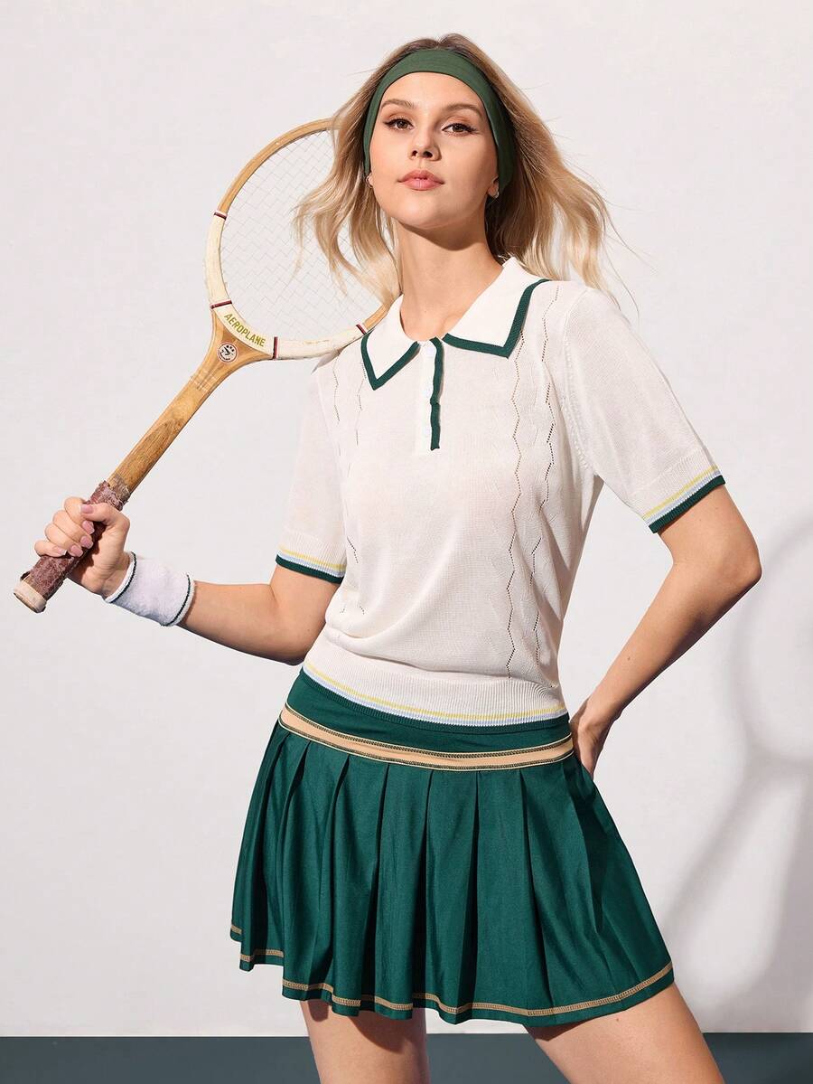 女士运动针织网球Polo衫 - 白色 - 查看 1