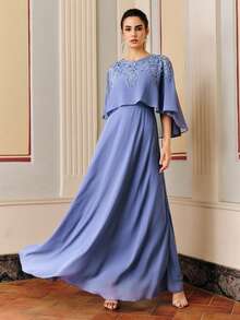 Anewsta 母亲节长款水钻装饰披肩领连衣裙，优雅适合正式场合 - 霧霾藍 - 查看 2