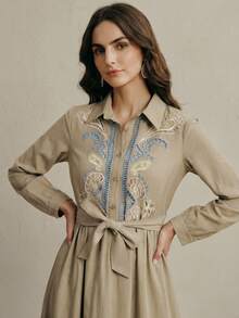 Anewsta 女士优雅刺绣镂空腰果花收腰长袖衬衫裙 女士刺绣连衣裙 波西米亚风连衣裙 - 綠色 - 查看 3