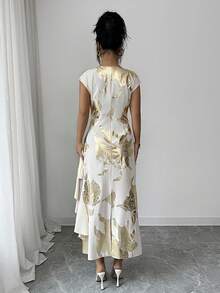 Elenzga Vestido de mujer elegante con volantes en la cintura y el bajo, estampado floral aleatorio, para verano - Albaricoque - Ver 2