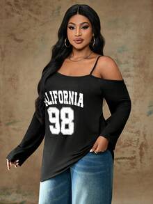 Truni Casual Minimalist Black Letter Print Plus Size Women's Sleeveless Tank Top, Suitable For Spring, Summer, Autumn And Winter, For Pear & Triangle Body Shape - Black - View 3