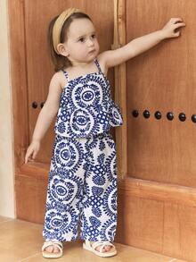 SHEIN 2件套女婴复古印花吊带背心和裤子套装 - 藍白色 - 查看 4