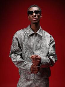 SUMWON Cropped Harrington Snake Print PU Leather Jacket With Cross Applique For Streetwear Urban Style - Grey - View 6