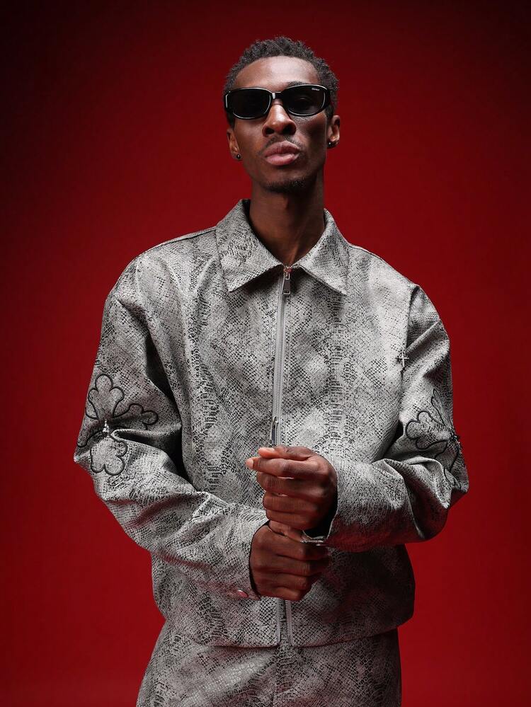 Cropped Harrington Jacket With Snake Print And Cross Applique