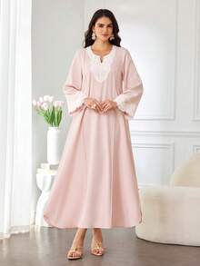 Al Najma 女士优雅日常蕾丝刺绣领宽松长袖阿巴雅连衣裙 - 粉色 - 查看 3