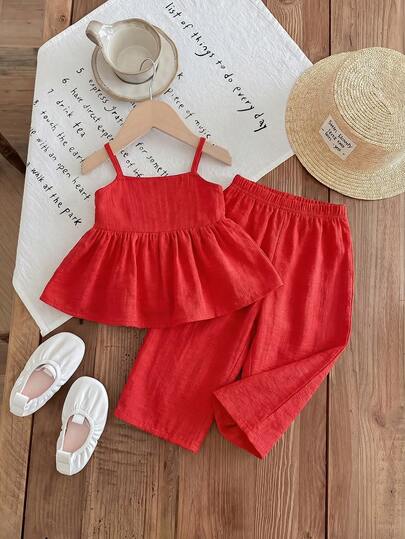 SHEIN LMoss Kids Babygirl Cute Ditsy Floral Camisole Top And Elastic Waist Pants Set, Summer