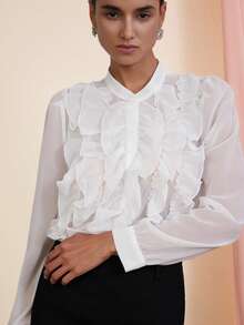 Femmeiva Fashionable & Versatile White Solid Color Chiffon Multi-Layer Ruffle Collar Front Open Casual Elegant Women Long Sleeve Blouse, Autumn/Winter - White - View 6