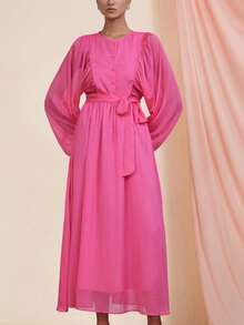 BELROSIE Vestido largo de manga farol de gasa brillante con cuello redondo versátil, lazo y botones, de manga larga y fluido, color rosa, para otoño/invierno - Rosa - Ver 5